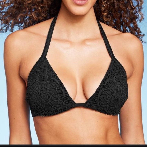 New Shade & Shore Women’s Black Crochet Knit Triangle Bikini Top Size 34C NWOT - Picture 1 of 9